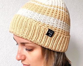 Hand Knit Striped Cotton Beanie: Ribbed Cuffed Toque