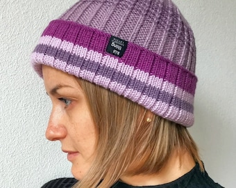 Hand Knit Merino Wool Beanie: Purple, Pink Stripes, Ribbed Cuffed Hat