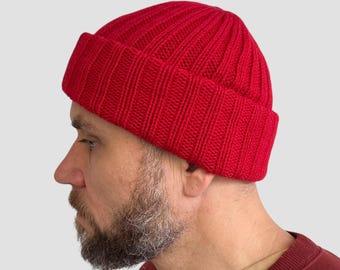 Hand Knit Merino Wool Ribbed Beanie: Cuffed Winter Hat Unisex