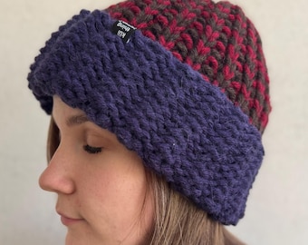 Chunky Knit Alpaca Wool Beanie: Color Block Reversible Winter Hat