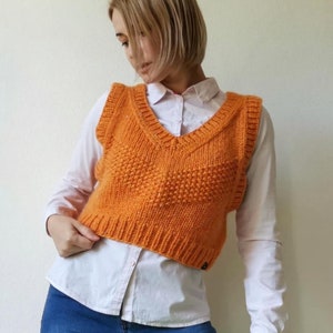 Chaleco corto de punto de lana naranja, Jersey sin mangas, Chaleco corto de punto grueso, Jersey tejido a mano, Chaleco corto con cuello en V, Chaleco corto de punto para mujer