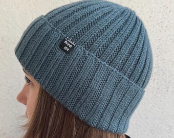 Hand Knit Merino Wool Ribbed Beanie, Unisex Fitted Hat