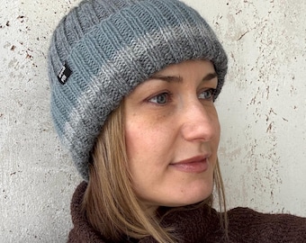 Grey Blue Hand Knit Alpaca Striped Beanie: Cuffed Warm Winter Hat Unisex