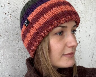 Hand-Knit Alpaca Striped Beanie: Orange Burgundy Violet Green Cuffed Winter Hat