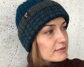 Hand-Knit Alpaca Striped Beanie: Teal Khaki Green Cuffed Winter Hat
