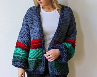 Hand Knit Chunky Wool Cardigan: Striped Colorblock Oversize Jacket