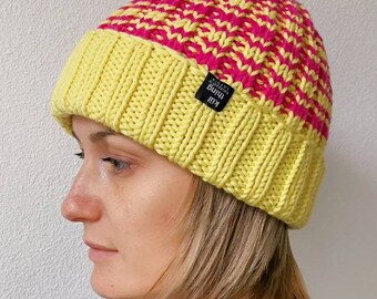 Hand Knit Merino Wool Beanie: Yellow Pink Striped Cuffed Hat