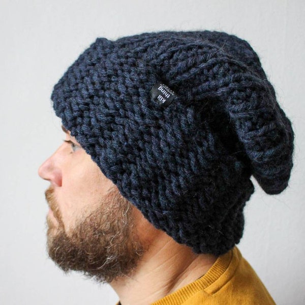 Chapeau en tricot épais en laine d'alpaga, chapeau pour grosse tête, chapeau d'hiver surdimensionné unisexe, bonnet slouchy surdimensionné, chapeau réversible, chapeau à revers en tricot volumineux