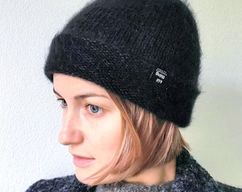 Hand Knit Merino Wool Mohair Silk Beanie: Fluffy Slouchy Cuffed Hat