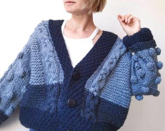 Blue Chunky Knit Cardigan: Bobble Sleeve Cable Knit Jacket