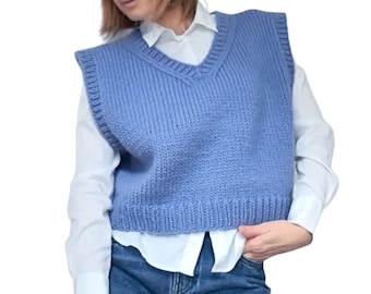 Hand Knit Wool Vest: Chunky V-Neck Cropped Short Gilet