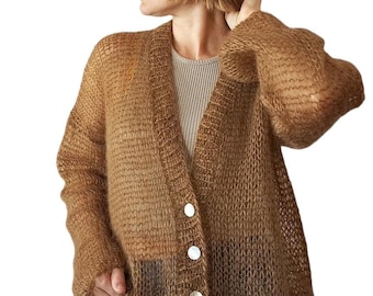 Hand Knit Mohair Silk Cardigan: Copper Brown V-Neck Jacket