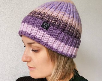 Hand Knit Merino Alpaca Beanie: Purple Pink Striped Ribbed Hat, Woman Cuffed Beanie