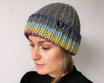 Warme Wintermütze mit Bündchen aus reiner Wolle, handgestrickte Mütze für Damen und Herren