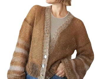 Hand Knit Mohair Silk Cardigan: Copper Brown Striped Wide Sleeve Jacket