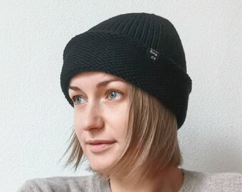 Hand Knit Merino Wool Beanie: Slouchy Cuffed Unisex Hat