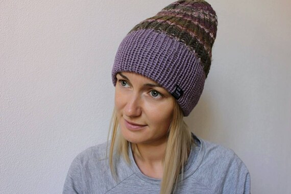 Wool Purple Khaki Striped Beanie Cuffed 