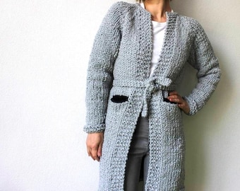 Grey Chunky Knit Cardigan Coat: Wool Blend Belted Jacket
