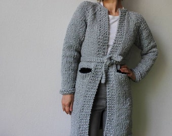 Grey chunky knit pockets cardigan, textured hand knit cardigan coat, casual knitted jacket coat, wool blend knitted jacket, belted cardigan