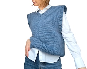 Hand Knit Wool Vest: Chunky Knit Classic V-Neck Gilet, Made To Order