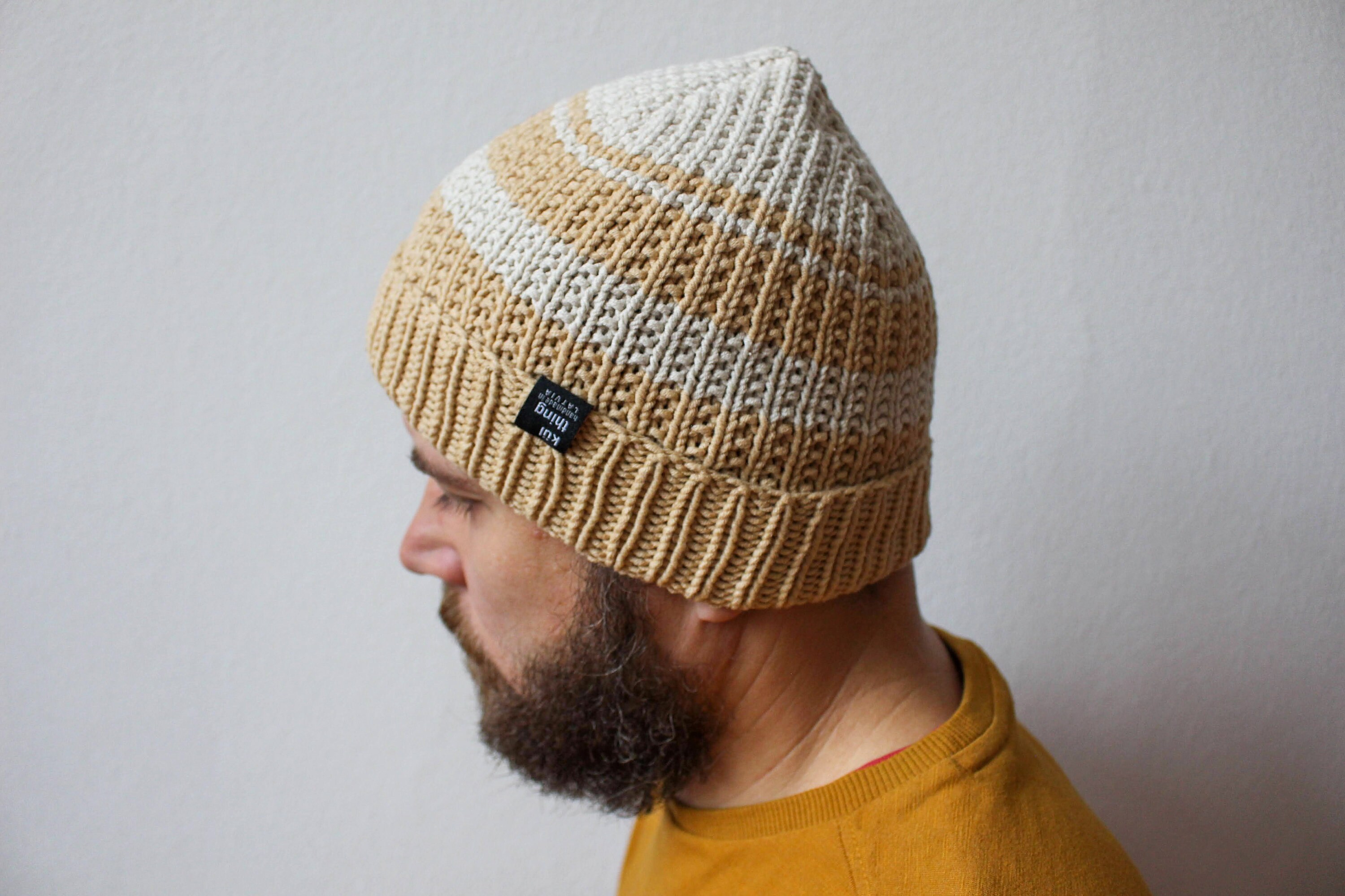 Cotton Beige Striped Beanie Hat Rib 