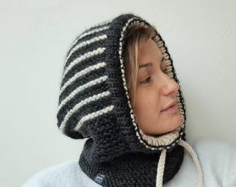 Hand Knit Alpaca Hooded Cowl: Black Beige Striped Balaclava