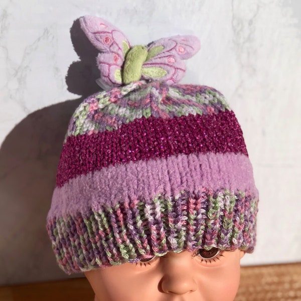cute butterfly topper toddler beanie, pretty butterfly hat, lovable little girl's hat, pink and rose colored butterfly hat, special rose hat