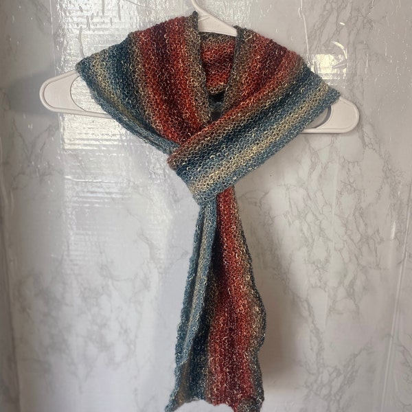 fancy long scarf, fashionable scarf, chic scarf, colorful long scarf, blues and brick reds & neutral colors scarf, silver accents scarf