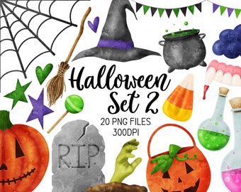 Watercolor Halloween Clipart - Fall Clipart - Watercolour Witch Art Download - Commercial Use Clipart