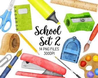 Watercolor School Clipart - Stationery Clipart - Watercolour Teacher Art Download - Education Clip Art - Commercial Use Clipart