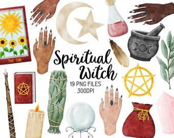 Spiritual Witch Watercolor Clipart | Witch Clipart | Commercial Use Clip Art | Spiritual Art | Tarot Card Illustration | Sage | Smudge Stick