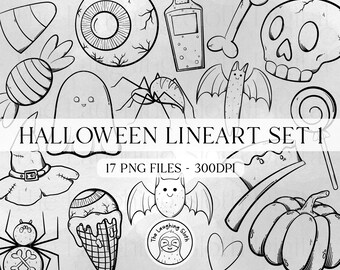 Halloween Lineart Digital Stamps Clipart - Cute Bat Clipart - Fall Clipart - Hand drawn Halloween Clip Art - Pumpkin - Skull - Witch - Candy