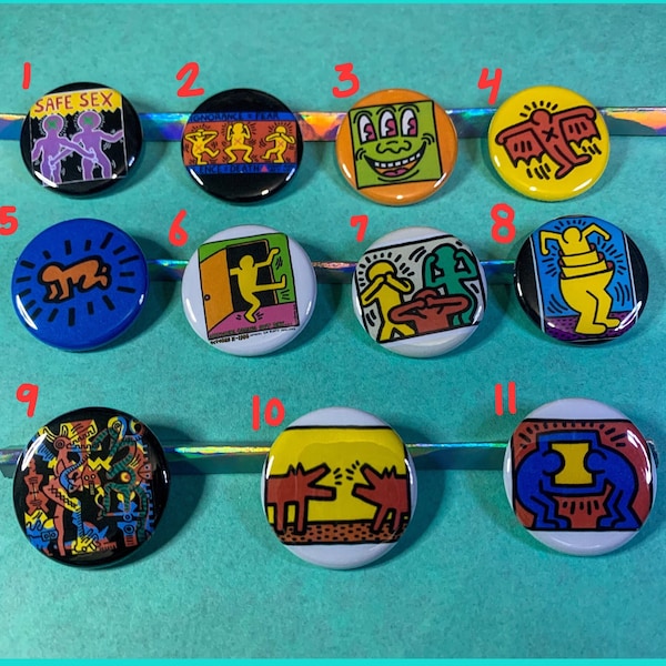 Keith Haring Pinbacks, popart, 90s, vintage, custom buttons,  **Now with metal backings**