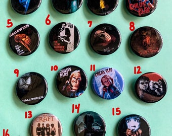 Pines de películas de terror, botones de Halloween, cierres metálicos
