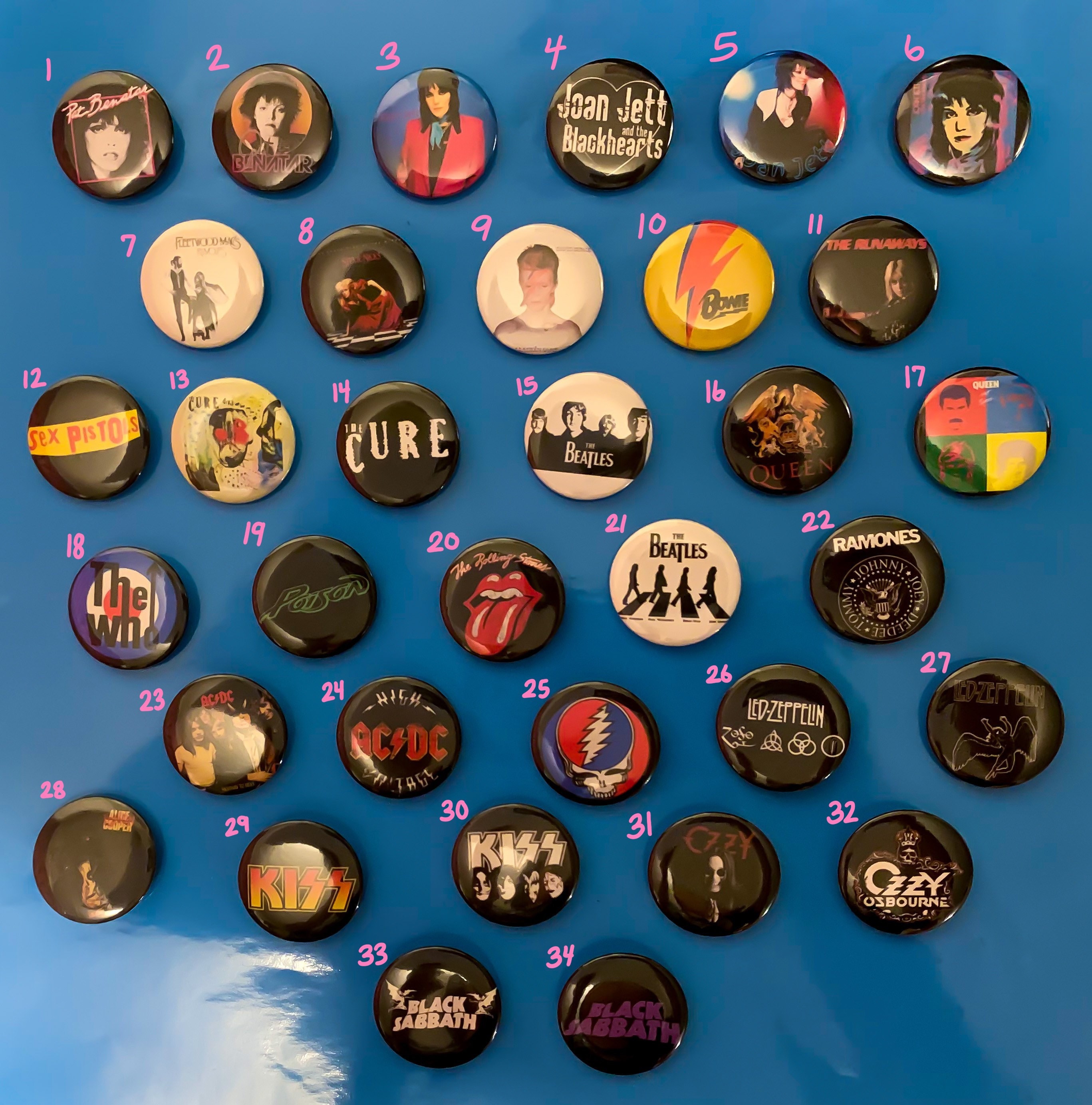 80's Bands 1 Button Pin Set Gogo's Bangles Blondie (9 pins total)