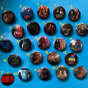 Killing Eve Pins, Villanelle, Eve Polastri, Killing Eve, Konstantin, tv show buttons, 1.25” pin back buttons **Now with metal backings**