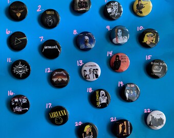 80's and 90's Rock band pins, buttons, badges, Alternative, Punk, Music Pinbacks, vintage, custom buttons,  **Now with metal backings**