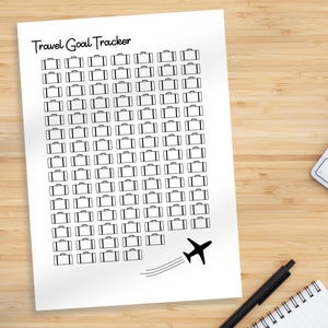 May include: A printable travel goal tracker with a grid of 60 suitcase icons and a small airplane icon at the bottom. The text "Travel Goal Tracker" is at the top of the page.