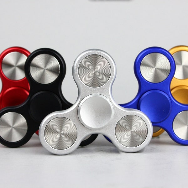 The Classic fidget spinner - tri shape metal spinner, in black, silver, blue, red, and orange