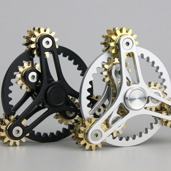 Clockwork - 9 gear fidget spinner, large kinetic cog spinner, black or silver and brass