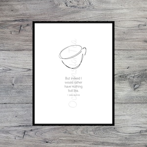 Teacup Line Drawing | Tea Quote Jane Austen | Printable Digital Art Download