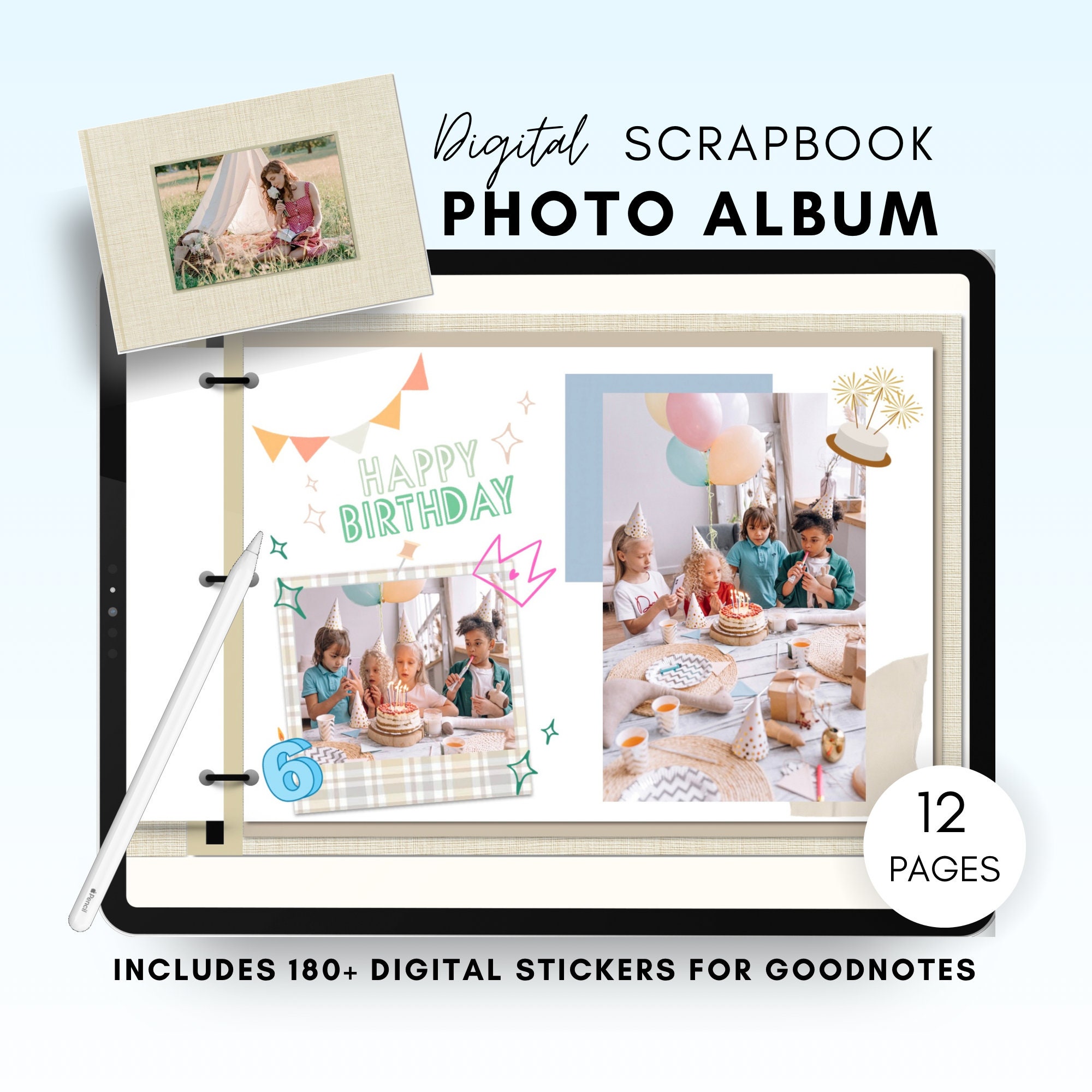 12 Pages Digital Photo Album Scrapbook Beige Digital Sticker Book for  Goodnotes 5 