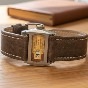 May include: A wristwatch with a brown leather strap featuring white contrast stitching and a rectangular metallic case. The watch face displays a vertical yellow dial with black numerical markings and a small emblem at the center of the display.