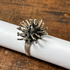 Sterling Silver Spike Ring Vintage Oxidized Handmade Sculptural Designer Statement Jewelry