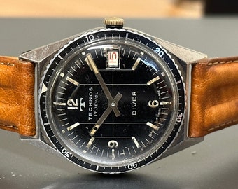 Technos vintage diver watch men mechanical swiss made rare model 35mm sky