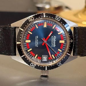 Roberta Vintage Diver Watch Automatic 37mm, Red and Blue Dial, Full Steel Case, Retro 1970s Style, Men&#39;s Waterproof Sports Watch