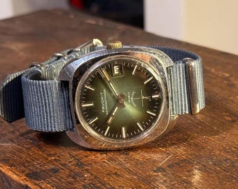 Reloj mecánico Vintage Favorit, caja grande, esfera verde, movimiento Unitas, estilo militar, buceo retro, reloj clásico vintage para hombre.