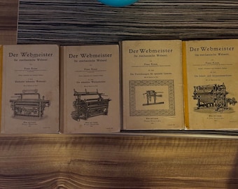 May include: Four vintage books titled "Der Webmeister" for mechanical weaving. Each book features a different illustration of a weaving loom.