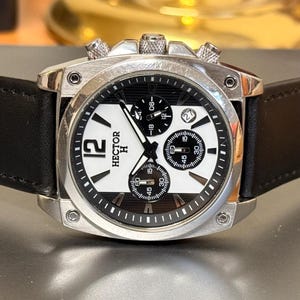 Hector Chronograph Watch Panda Dial 42mm Steel Rectangular Case Luxury Mens Timepiece