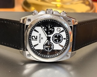 Hector Chronograph Watch Panda Dial 42mm Steel Rectangular Case Mens Timepiece